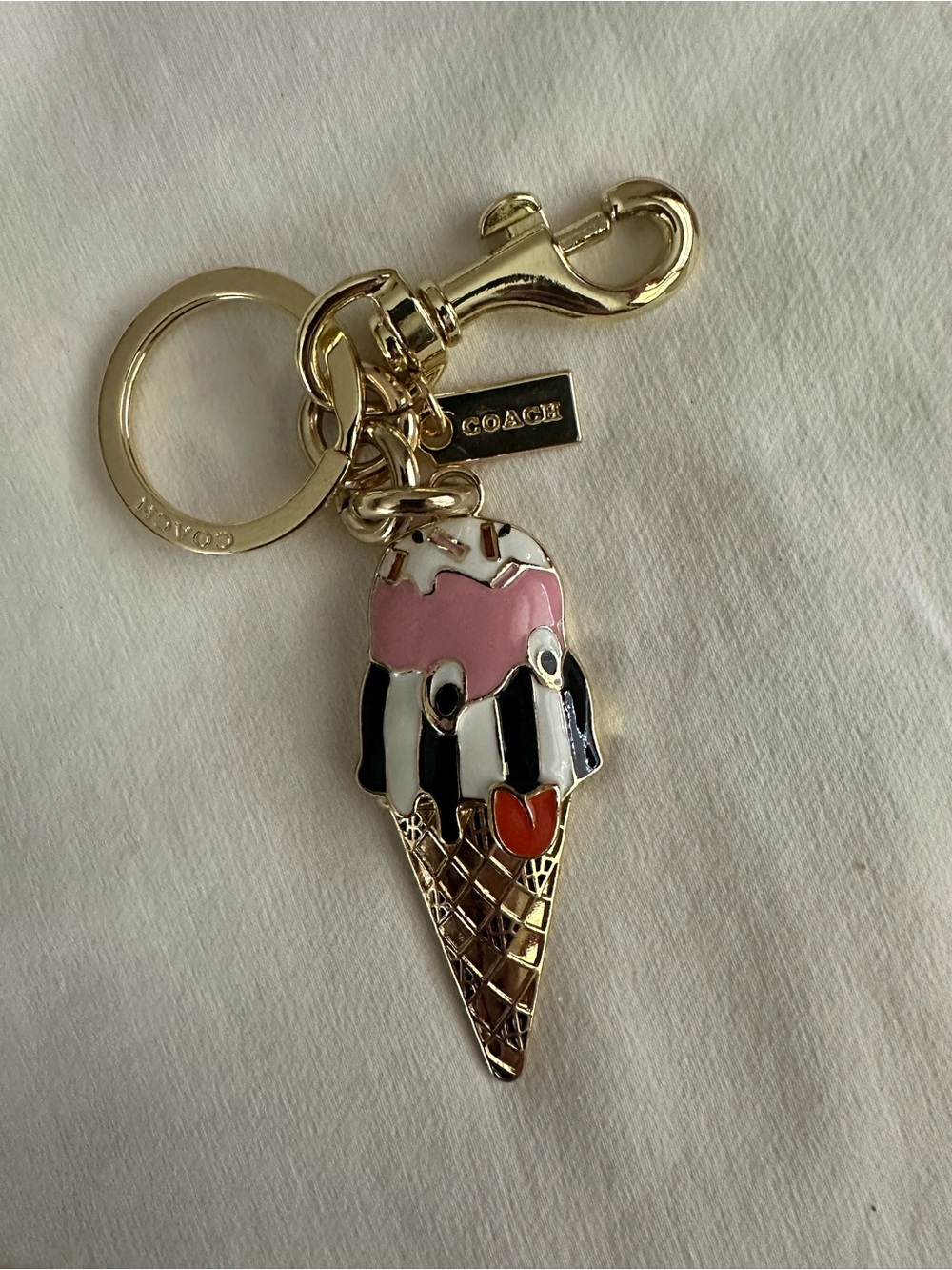 Coach Gold-Tone Pink & Black Ice Cream Key Charm